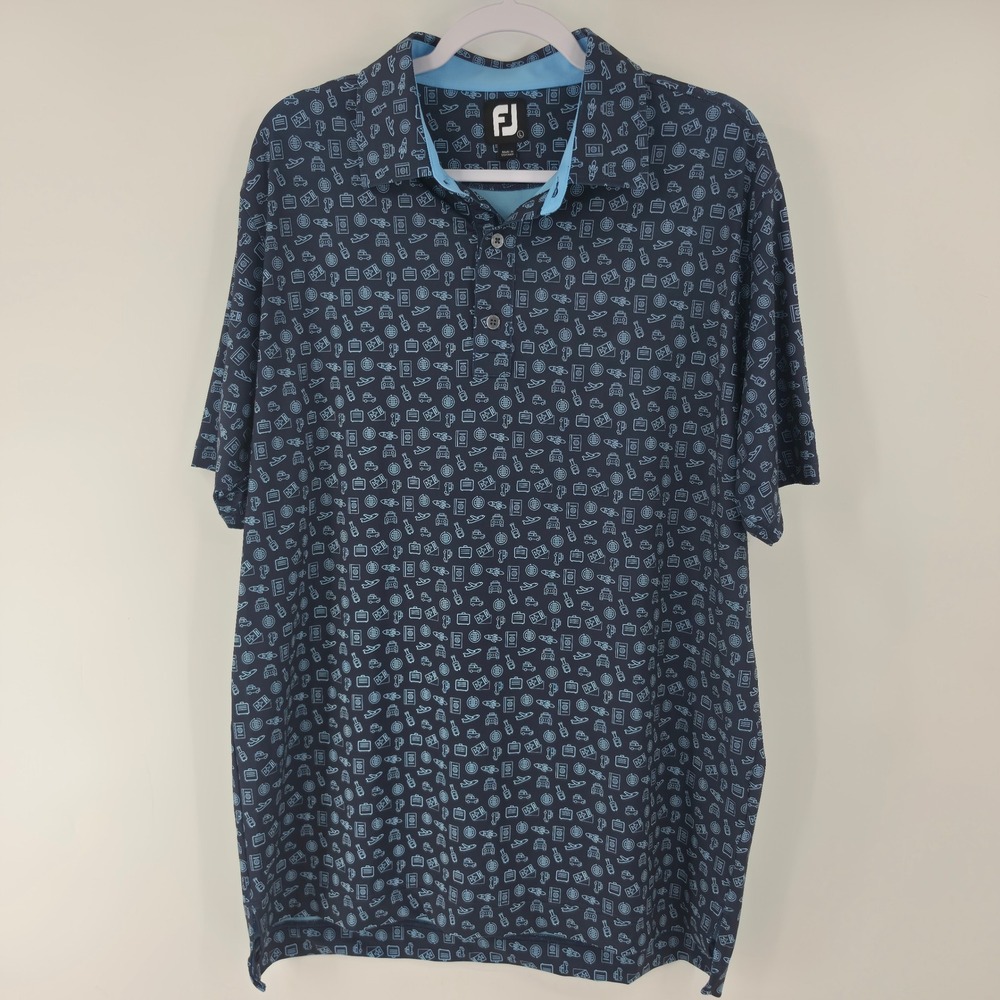 FootJoy Mens Large Navy Blue Travel Print Performance Golf Polo Rock Creek Club - Picture 2 of 7